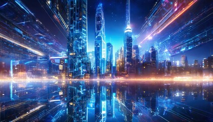 Fototapeta na wymiar urban architecture, cityscape with space and neon light effect. Modern hi-tech, science, futuristic technology concept. Abstract digital high tech city design for banner background