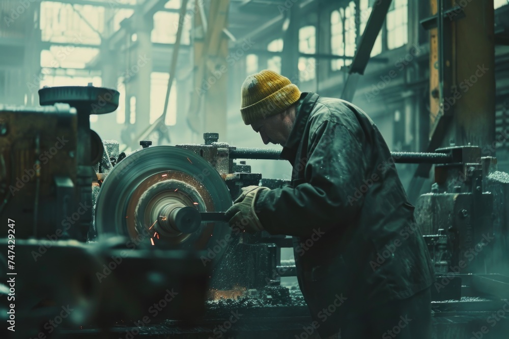 Aufkleber Man working on a machine in a factory, suitable for industrial use
