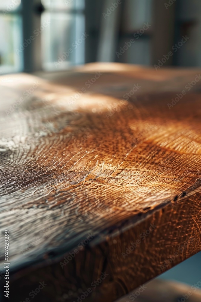 Poster Close-up of a wooden table with a window in the background. Suitable for various interior design concepts