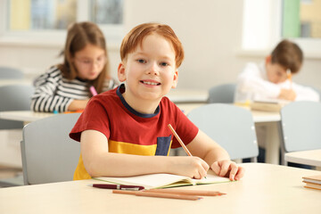 Portrait of smiling little boy studying in classroom at school
