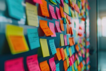 Colorful post it notes arranged on a wall. Suitable for business or education concepts