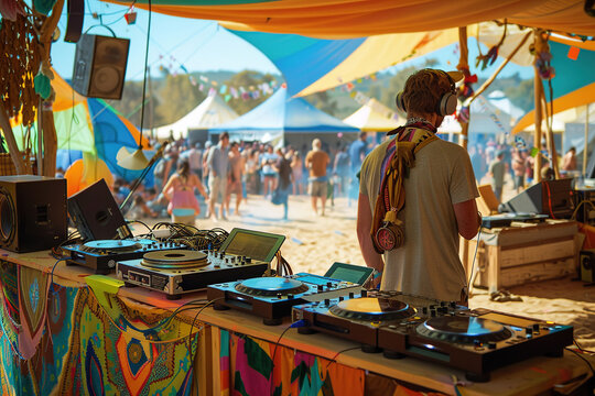 Outdoor Music Festival: DJ at turntables, colorful tents, sound waves pulsating in the open air. Attendees dance, immersed in a sonic.