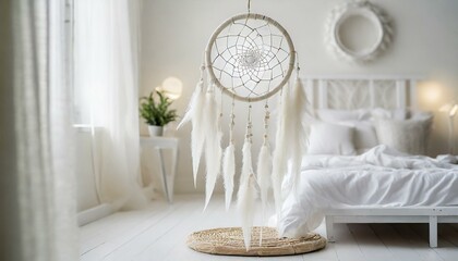 White handmade dreamcatcher in bedroom. Interior decoration. Beautiful dream catcher inside white room at home