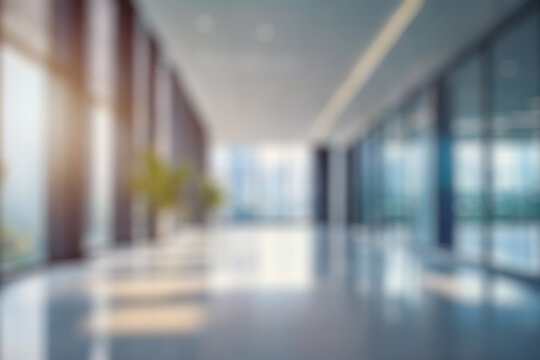 blurred for background. office building interior, empty hall in the modern office building. empty open space office. panoramic windows and beautiful lighting