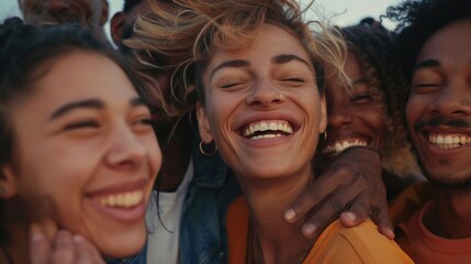 A joyful group of people laughing together. Perfect for illustrating happiness and togetherness - obrazy, fototapety, plakaty