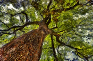 Illustration of ficus tree with young green leaves and brown bark on a blue background in summer in a park