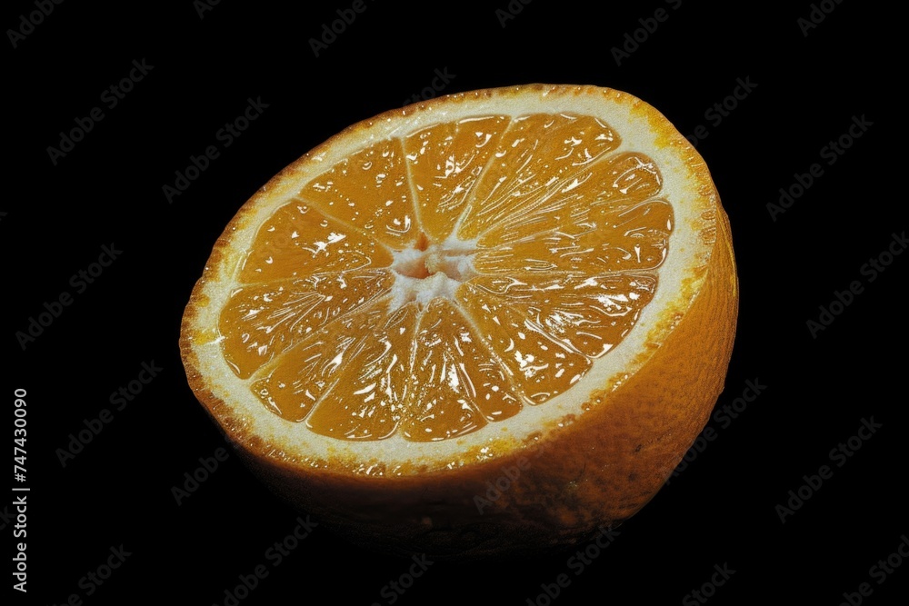 Wall mural a vibrant orange fruit cut in half, displayed on a dark black background. ideal for food and nutriti