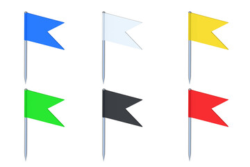 Set of colorful flag pin isolated on white background. Office accessories. Map marker. School equipment. 3d render