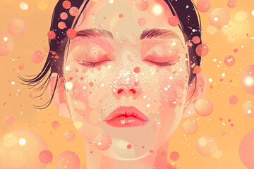Illustration of a woman's face with eyes closed among orange bubbles