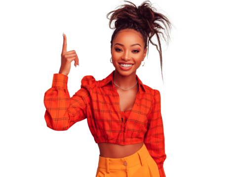 Mulher sorridente apontando dedo para cima. Fundo transparente para design gráfico. Uso: anúncios online, mídia social, design criativo, tecnologia