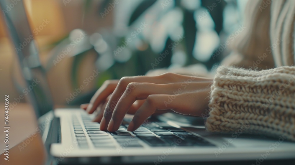 Poster close up of a person typing on a laptop, suitable for technology and work concepts