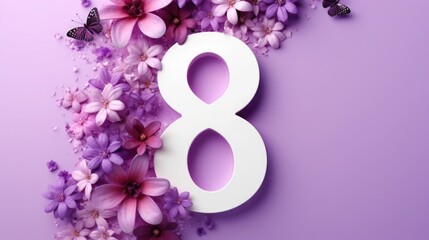 number 8 and flowers on a purple background. Women's day, 8 March invitation card. spring and holiday.