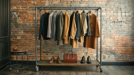 Urban style showcase: A wardrobe rack adorned with trendy men's clothing against a rustic brick wall.