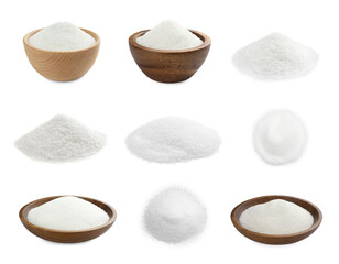 White granulated sugar isolated on white, set