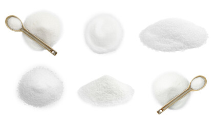 White granulated sugar isolated on white, set