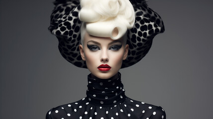 Fashion portrait of a blonde girl's face in a hat with smokey eye makeup and red lips for a magazine. - 747430682