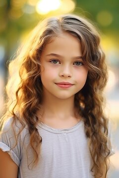 A young girl with long curly hair posing for a picture. Suitable for social media profiles