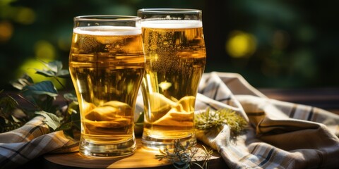Two filled beer glasses placed on a wooden table - obrazy, fototapety, plakaty