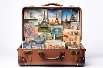 open suitcase with Paris landmarks inside on white background