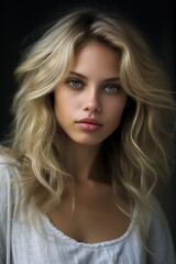 romantic beautiful white woman, blondy hair, full face