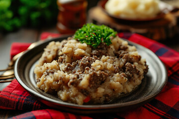 A plate of haggis, a Scottish dish made from heart, liver, and lungs, mixed with oatmeal and spices