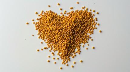 Spicy love for cooking: Top view of a heart-shaped mustard creation on a clean white background.