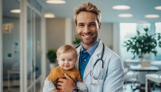 smiling male doctor with baby at hospital 