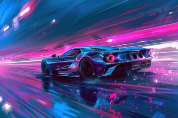 a futuristic sports car on a blue night background with light streaks behind it, in the style of light amber and magenta - obrazy, fototapety, plakaty