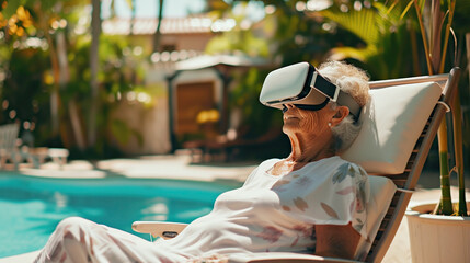 An elderly woman relaxes wearing VR glasses by outdoor swimming pool. Innovative technologies in lives of older people, adventures, travel, psychological reboot - obrazy, fototapety, plakaty