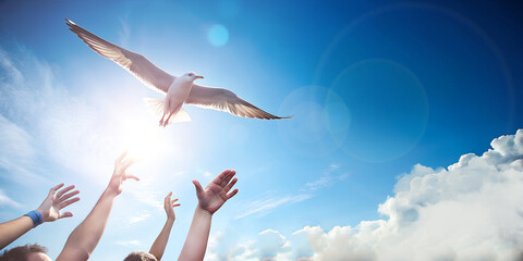 Abstract background. Birds flying in the sky with morning sun and hands of people waving concept of freedom and peace. Website, Illustration