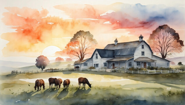 Sunrise watercolor over a tranquil countryside, featuring a farmhouse and grazing animals.