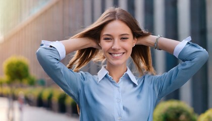 Fototapeta premium Young happy pretty smiling professional business woman, happy confident positive female entrepreneur standing outdoor on street 