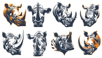 a set of rhino tattoos on white background, in the style of distinct facial features, flowing silhouettes