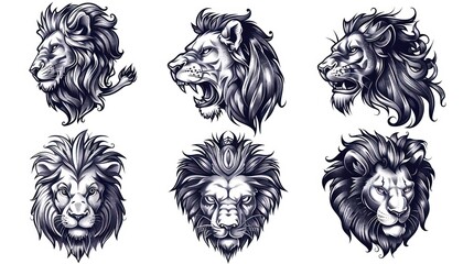 a set of lion tattoos on white background, in the style of distinct facial features, flowing silhouettes