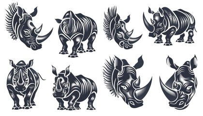 a set of rhino tattoos on white background, in the style of distinct facial features, flowing silhouettes - obrazy, fototapety, plakaty