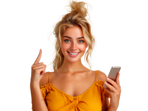 Mulher sorridente segurando smartphone, apontando para cima. Fundo transparente para design gráfico. Uso: anúncios online, mídia social, design criativo, tecnologia