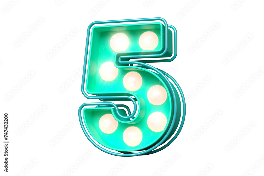 Poster lightbox sign typography digit number 5 in teal with soft pink lights. striking luminous font. high 