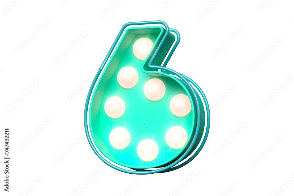 Poster 3d typography of bulb marquee digit number 6 in teal and soft pink. high quality 3d rendering.