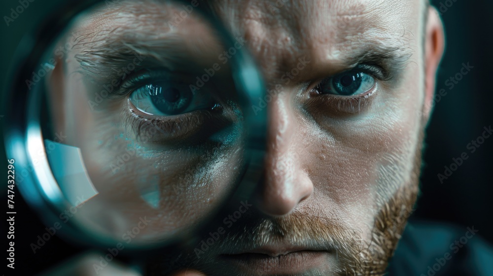 Poster close-up of a man examining something through a magnifying glass. suitable for educational or invest