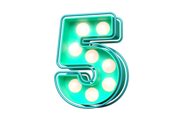 Lightbox sign typography digit number 5 in teal with soft pink lights. Striking luminous font. High quality 3D rendering.