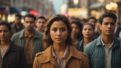 Group of people standing in the street with focus on woman looking at camera