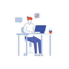 Contact us landing page. Man with headphones and microphone with computer. Concept illustration for support, assistance, call center, Business communication. Telephone symbol.