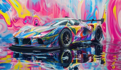 a sports car has been painted in bright colors on the surface, in the style of smokey background, futuristic chromatic waves