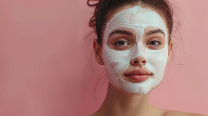 Young woman with facial mask on pink background. Skin care concept.