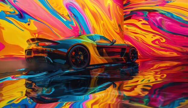 a sports car has been painted in bright colors on the surface, in the style of smokey background, futuristic chromatic waves