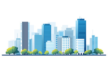 
Flat design cityscape. Tall office and residential buildings, shops, skyscrapers and houses with green trees against the backdrop of city silhouettes. Megacity vector illustration.