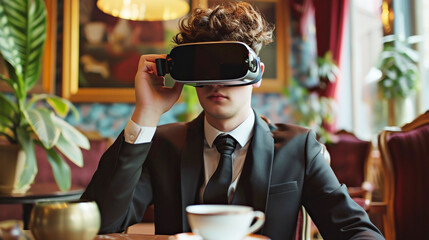 Businessman wearing virtual reality headset testing VR technology. A young confident man in business suit, sitting in cafe over cup of coffee, wearing VR reality glasses