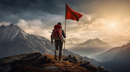 Capture the essence of a hiker heading towards the mountain top where a flag is proudly displayed. 