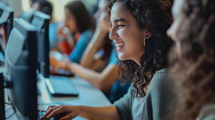 Retrato de uma estudante sorridente trabalhando no laptop enquanto está sentada na mesa em sala de aula - obrazy, fototapety, plakaty