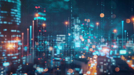 cityscape with modern skyscrapers and overlaid financial graphs, symbolizing the bustling economy and the stock market.